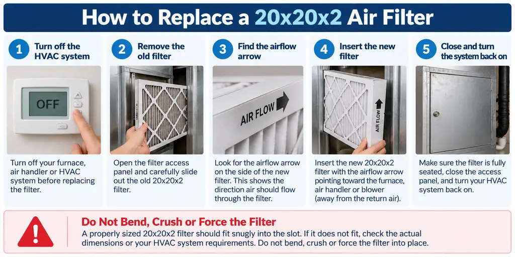 How to replace a 20x20x2 HVAC air filter and follow the airflow arrow