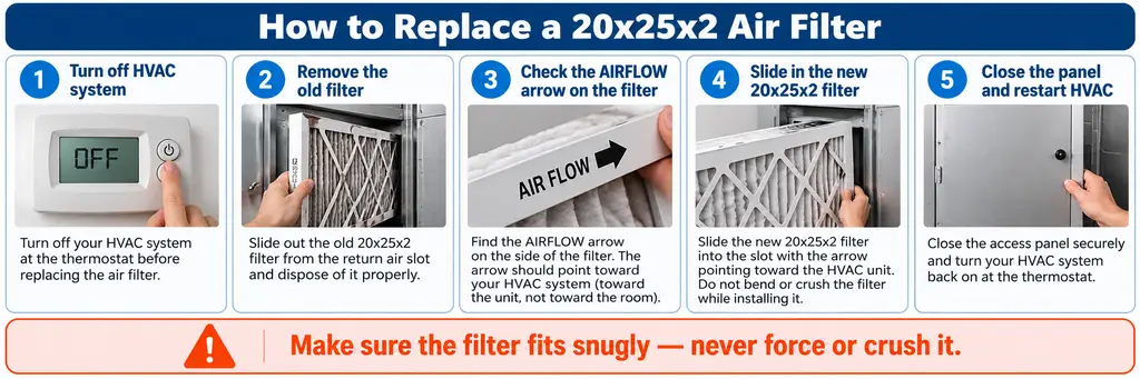How to replace a 20x25x2 HVAC air filter and position the airflow arrow