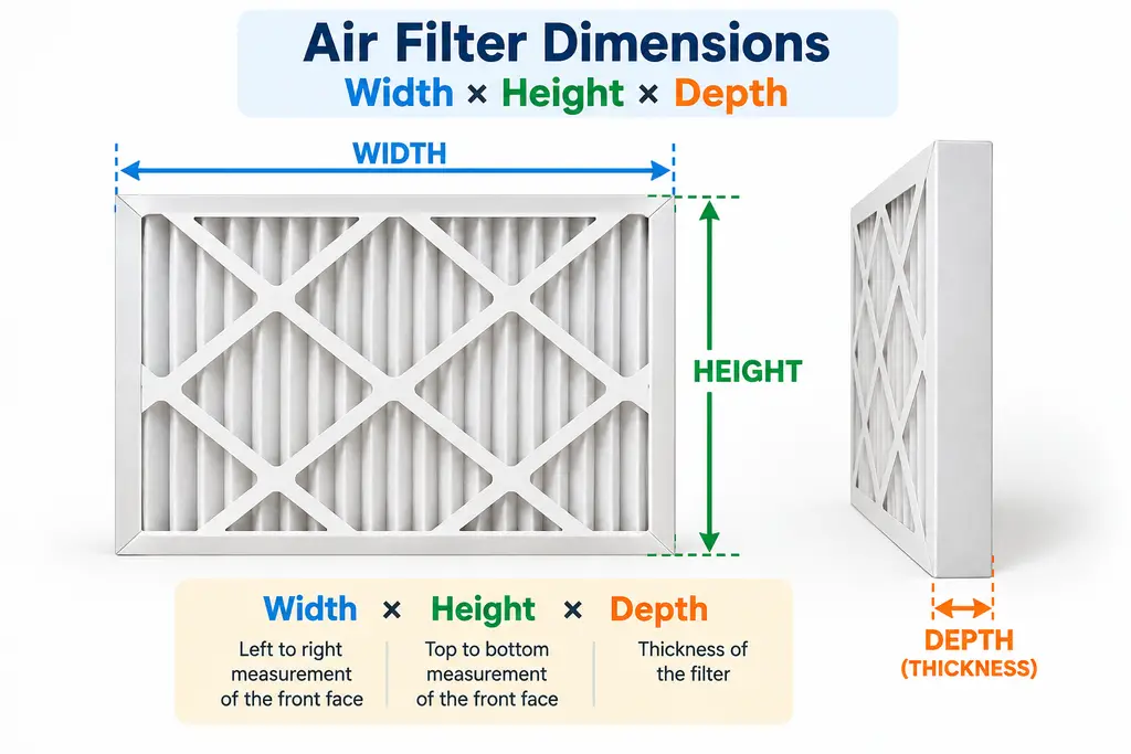 Air filter dimensions showing width height and depth