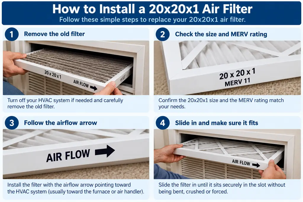 Alt text: How to install a 20x20x1 air filter and follow the airflow direction