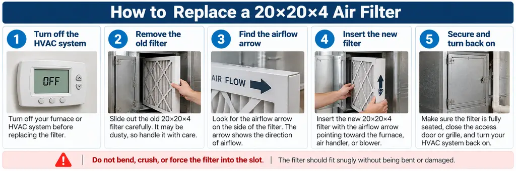 How to replace a 20x20x4 HVAC air filter and follow the airflow arrow