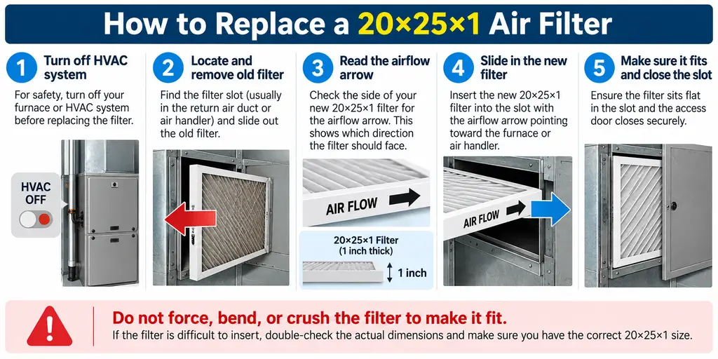 How to replace a 20x25x1 HVAC air filter and follow the airflow arrow